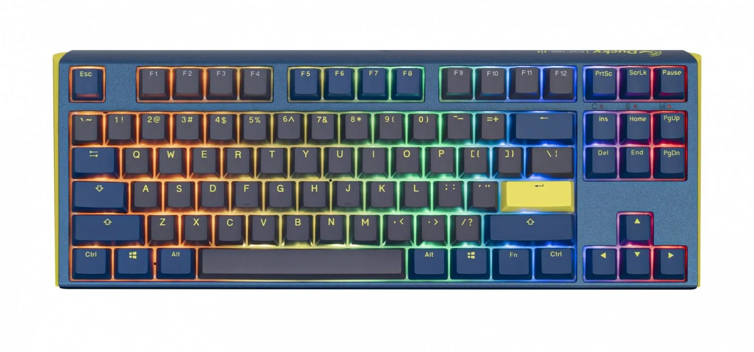 TECLADO MECANICO DUCKY ONE 3 TKL DAYBREAK TECLAS AZULES INTERRUPTOR ROJO INGLES PBT DOBLE DISPARO SIN COSTURAS CAJA SUPERIOR AZUL CAJA INFERIOR GRIS C